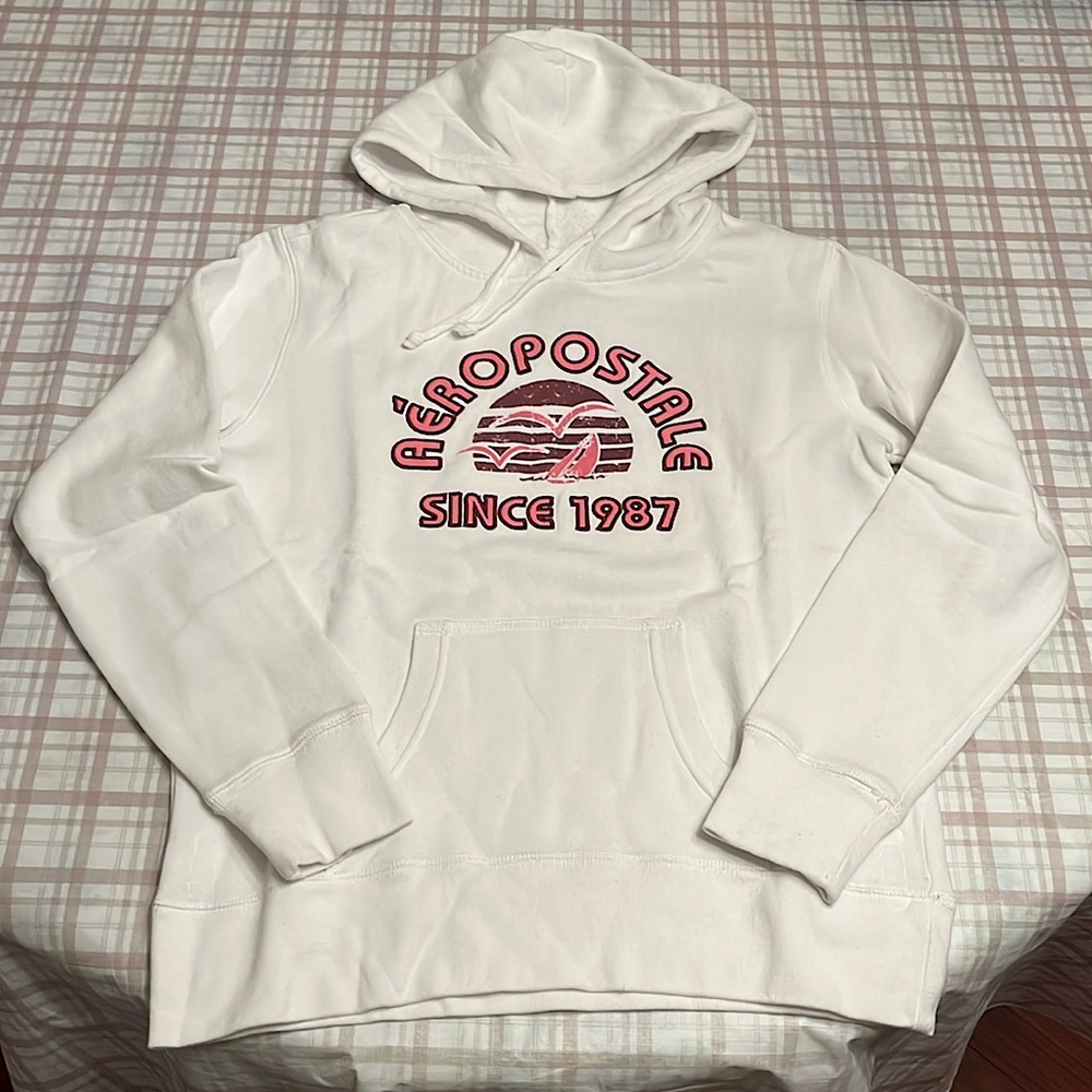 Aeropostale White Hoodie with Pink and Burgundy Logo